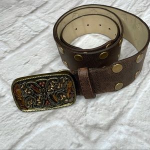 Elite Accessories Studded Brown Leather Belt Metal Stone & Floral Buckle Size L